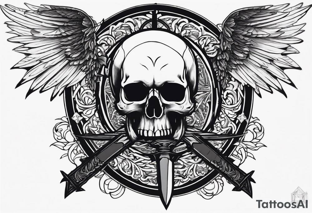 In the center is a half skull pierced by a large sword. On either side of the skull, there are spread angel wings, Beneath the skull is a ribbon cross elements on that, ribbon weaves through both the skull and the sword tattoo idea