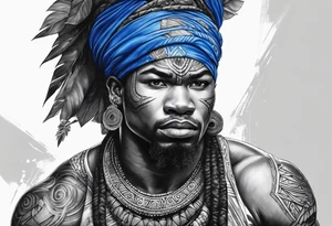 ogun guerreiro africano realista em preto e cinza com tons de azul
 no fudo de selva tattoo idea