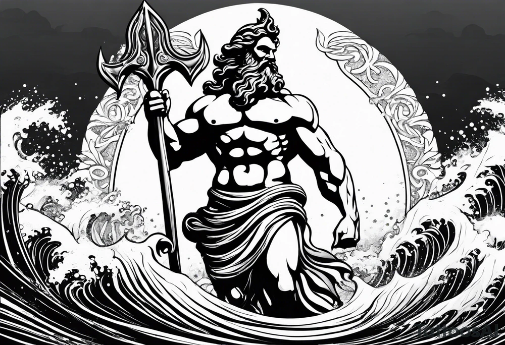 Poseidon holding his trident with waves in the background. Make Poseidon with statue features tattoo idea Poseidon holding his trident with waves in the background. Make Poseidon with statue features tattoo idea