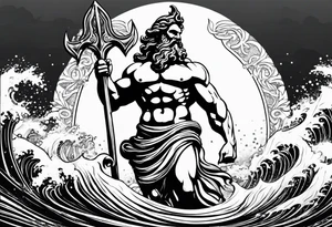 Poseidon holding his trident with waves in the background. Make Poseidon with statue features tattoo idea