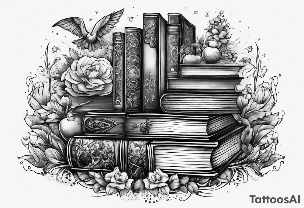 Stack of books surrounded by fantasy elements tattoo idea
