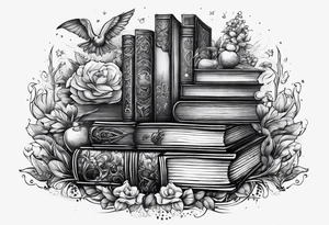 Stack of books surrounded by fantasy elements tattoo idea