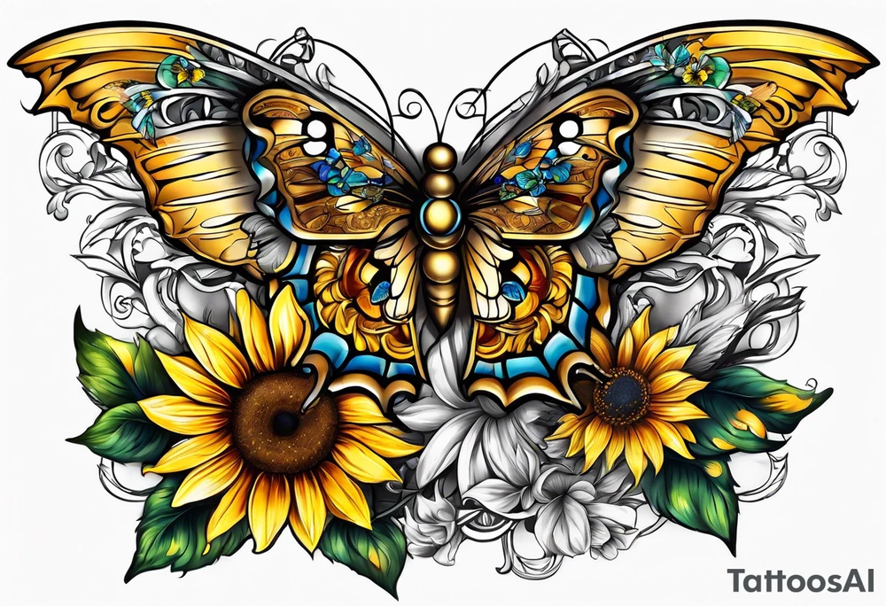 Winged cross with sunflower and butterflies tattoo idea