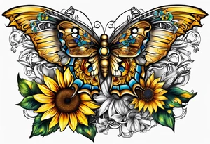 Winged cross with sunflower and butterflies tattoo idea