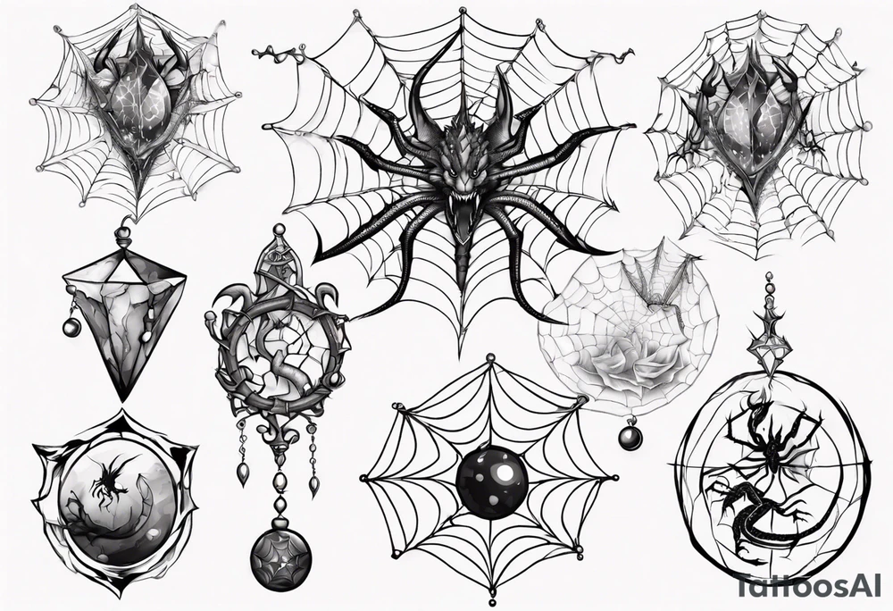 Dragon in a spiral spiderweb with jewels and shattered chalices and one spider tattoo idea