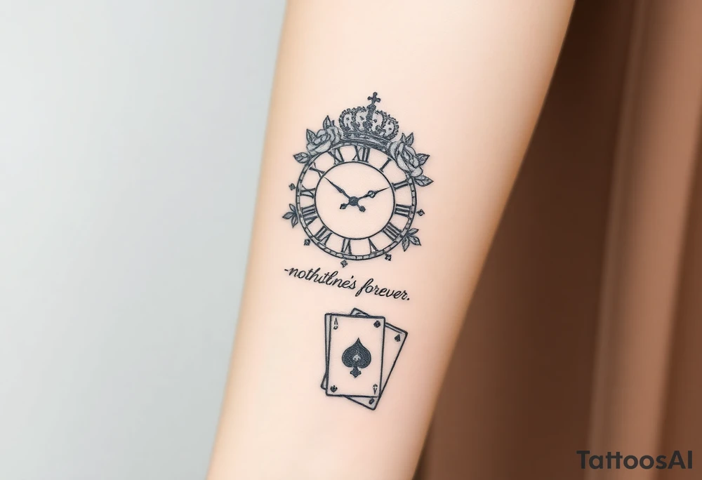 Roman clock with roses and a crown, a quote that says nothings forever. and on the bottom a deck of cards tattoo idea
