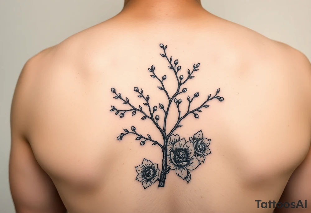 rowan tree tattoo with berries and large florals tattoo idea