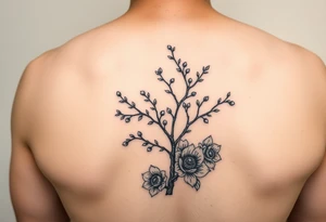 rowan tree tattoo with berries and large florals tattoo idea