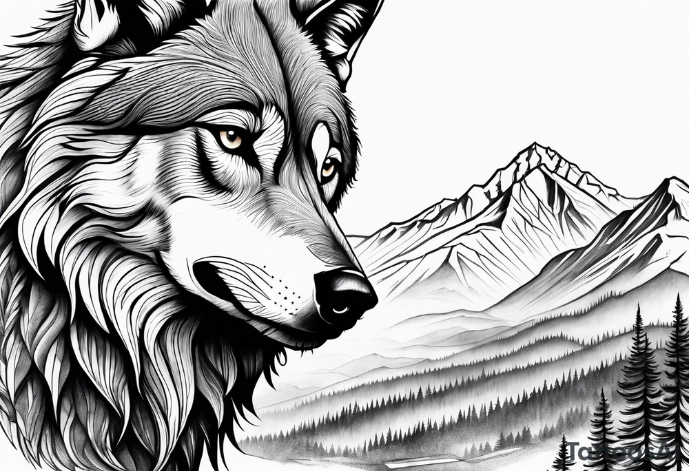 Mountains, wolf in it tattoo idea
