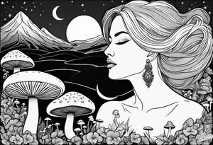 Fat older blonde natural woman long hair small lips surrounded by mushrooms crescent moon mountains background "GRACEFUL" tattoo idea