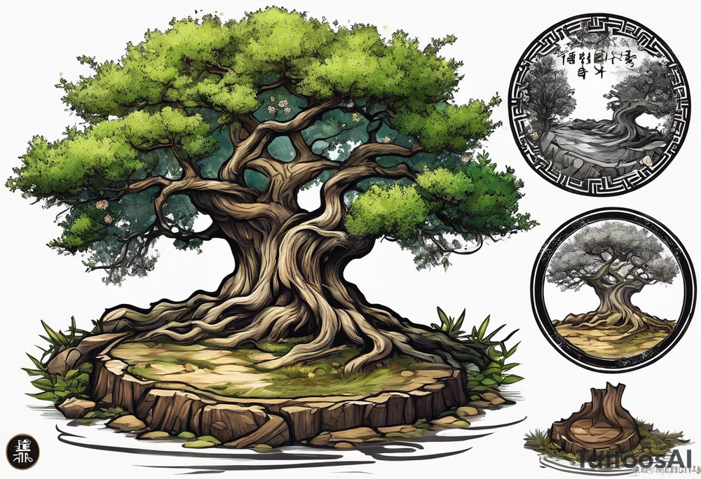 And olive tree with exposed roots, writing out “patience” in Korean, next to a tree stump with exposed rings, and a small Poppy flower growing out of the ground tattoo idea