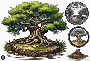 And olive tree with exposed roots, writing out “patience” in Korean, next to a tree stump with exposed rings, and a small Poppy flower growing out of the ground tattoo idea