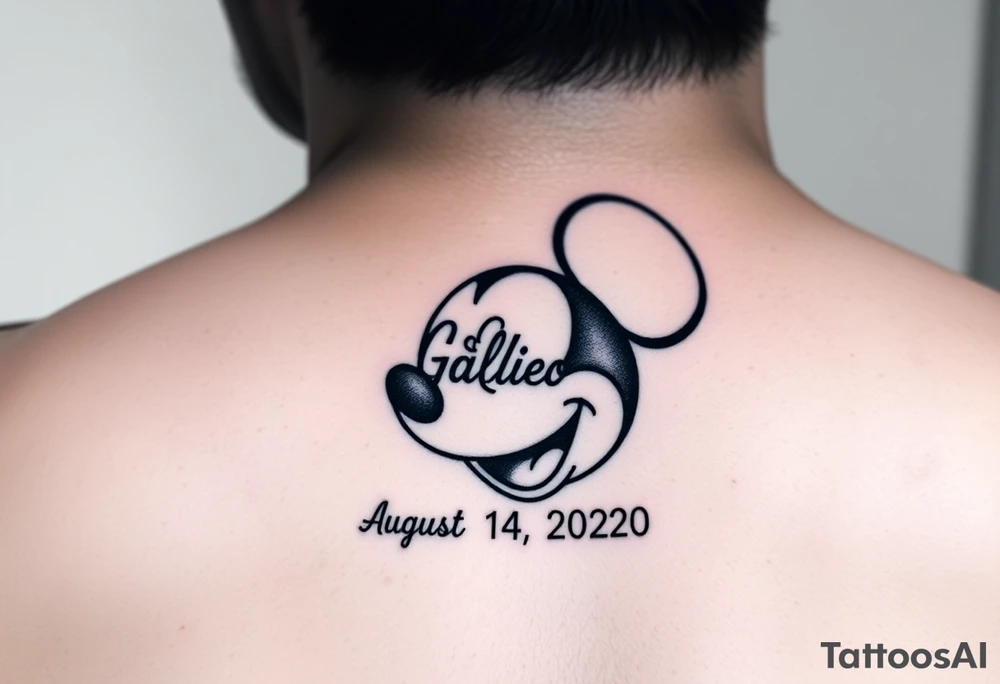 mickey mouse symbol with the name Galileo and the date August 14,2020, incorporated tattoo idea