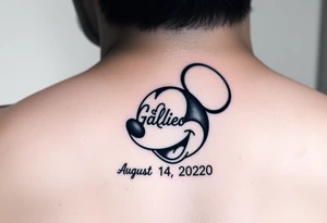mickey mouse symbol with the name Galileo and the date August 14,2020, incorporated tattoo idea