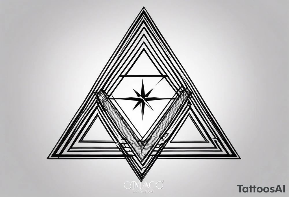 “Generate a minimalist tattoo design with three filled-in shapes arranged in a triangle formation. The top shape should be a geometric heart representing health, the bottom left a compass rose symbolizing purpose, and the bottom right three circles forming a triangle to signify family. The design should focus solely on the filled-in shapes without any additional ornaments, emphasizing simplicity and clean lines.” tattoo idea