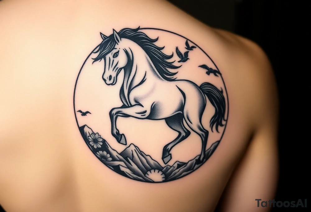 A golden mustang horse with black mane and legs, captured in motion inside a circle. The mountains and nature should frame the design, blending with the horse's black fur as a base to represent the landscape. Experiment with using the black fur to shape the mountains, playing with edges or interior details. floral ornaments and birds tattoo idea