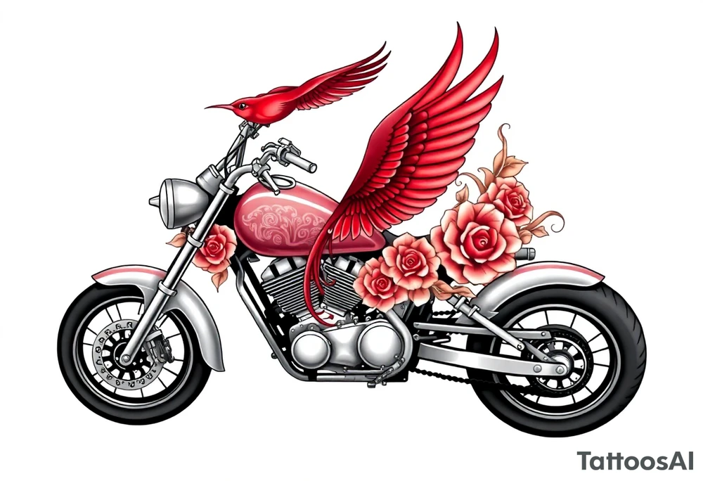 Motorcycle, red bird flying, roses and lace, flames tattoo idea