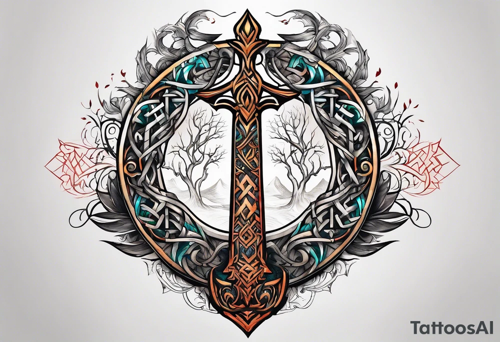 Yggdrasil and a long sword underneath surrounded by Nordic runes tattoo idea