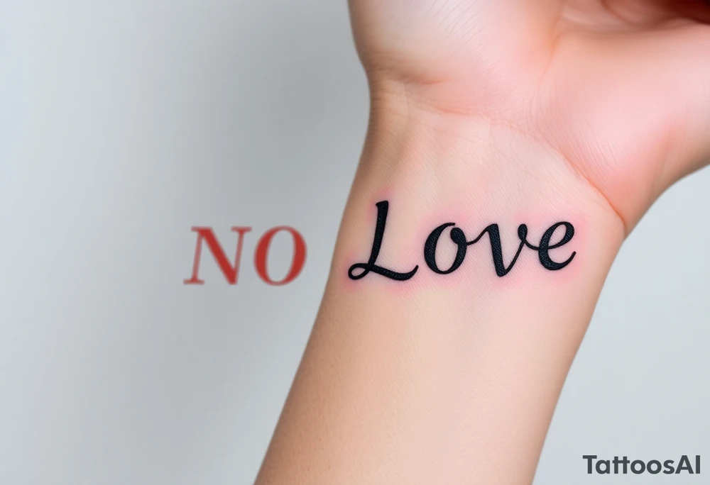 Red and black letters spell the word NO LOVE tattoo idea