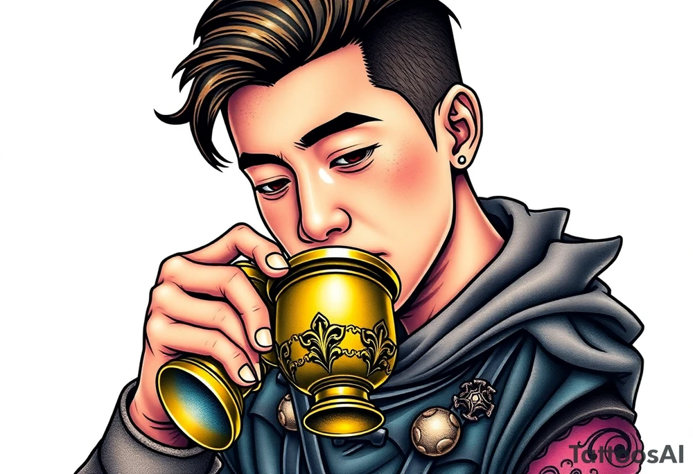 Handsome Asian young guy is drinking from medieval feast cup tattoo idea