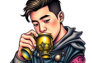 Handsome Asian young guy is drinking from medieval feast cup tattoo idea