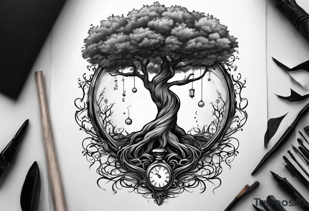 tattoo drawing of a tree with the roots coming out of a hour glass tattoo idea