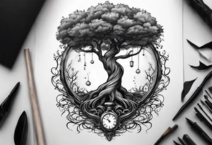 tattoo drawing of a tree with the roots coming out of a hour glass tattoo idea