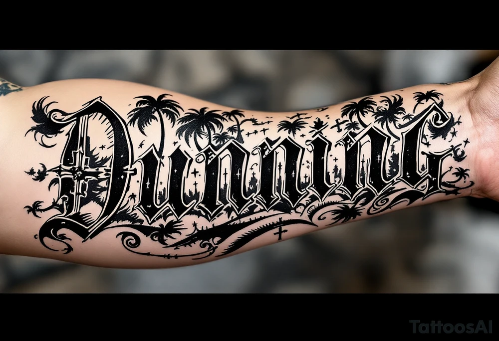 Dunning, Romanian theme with palm trees, cross,angels tattoo idea