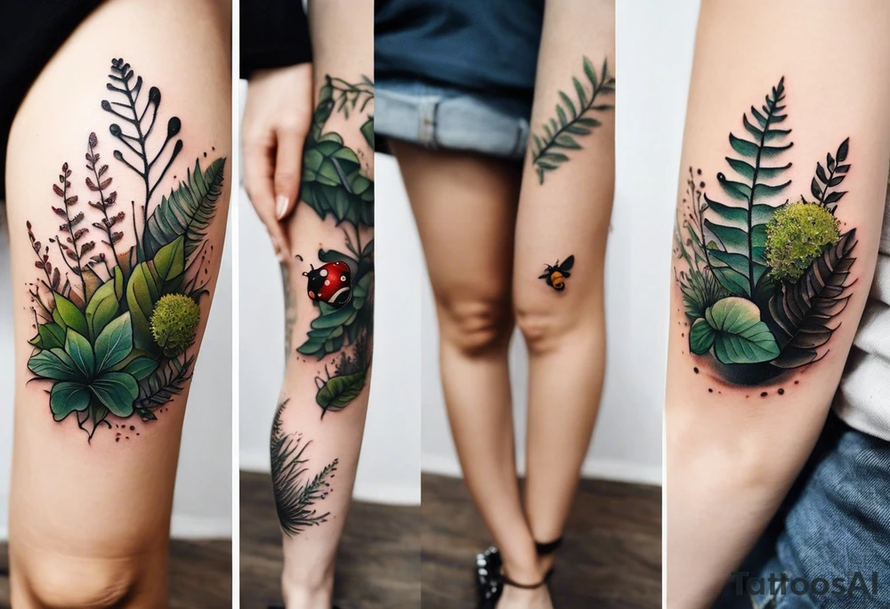 minimalistic forest floor inspired tattoo, which includes grass, moss, curly ferns and dead leaves as the bulk of the tattoo. details to include: forest berries, couple of very small brown mushrooms, a tiny bumblebee flying nearby tattoo idea