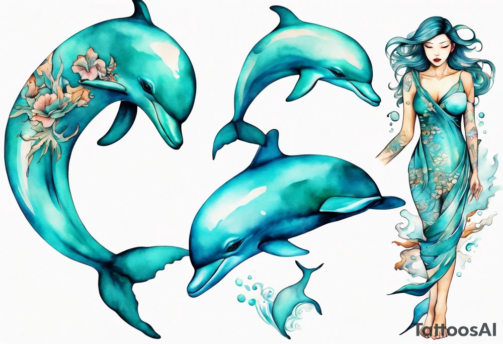 a turquoise woman dolphin hybrid emerging from the sea tattoo idea