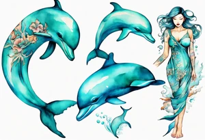 a turquoise woman dolphin hybrid emerging from the sea tattoo idea