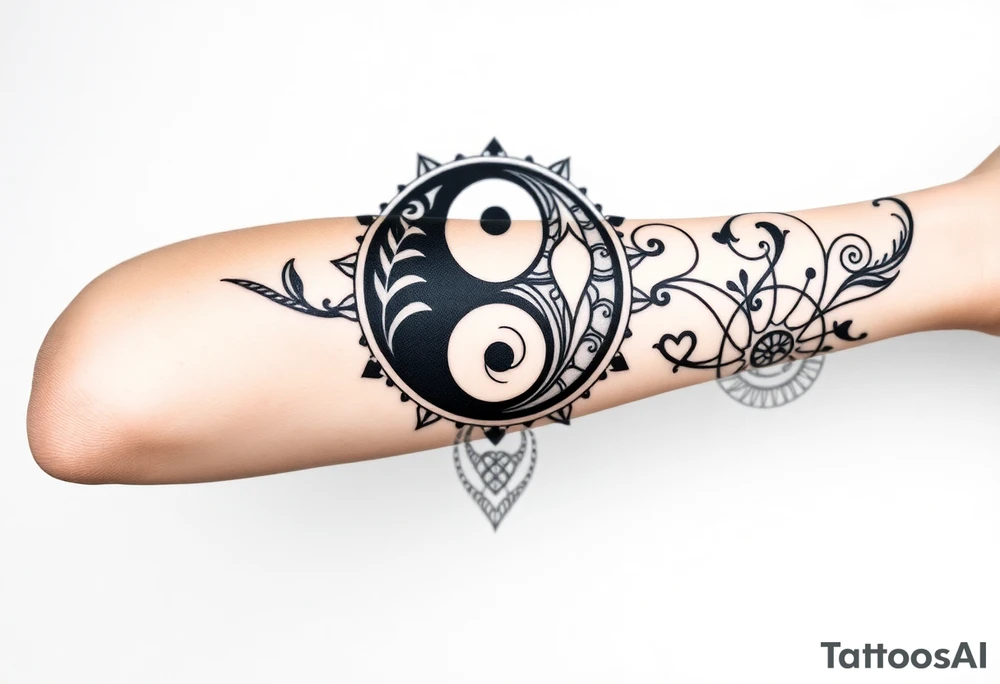 Magestic symbol combining ying yang, Gemini zodiac symbol, spiral Paisleys, and hearts tattoo idea