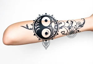 Magestic symbol combining ying yang, Gemini zodiac symbol, spiral Paisleys, and hearts tattoo idea