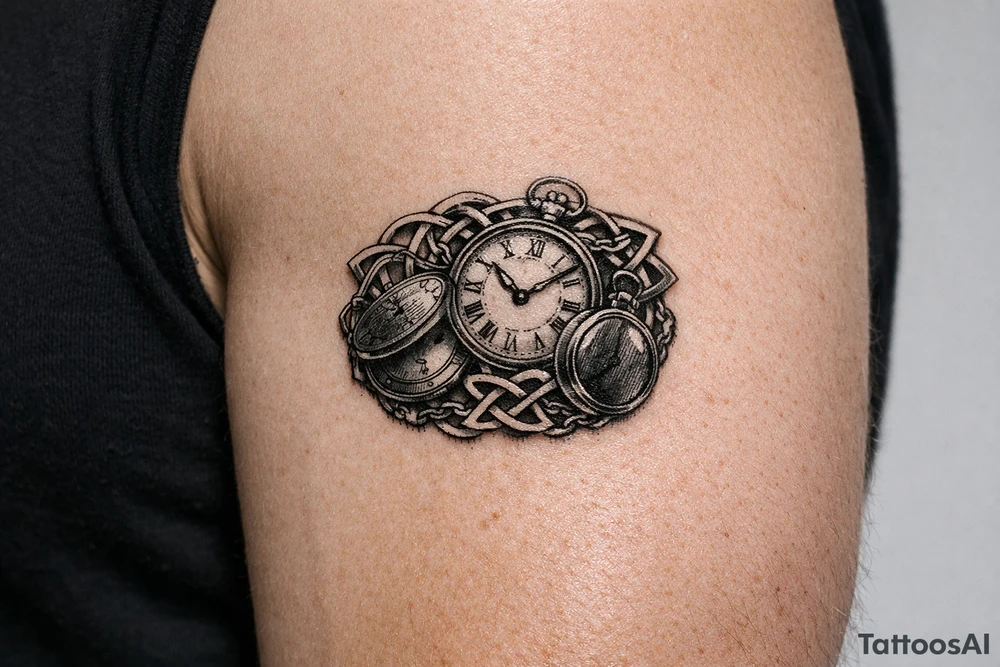 Cluster of open and closed pocket watches entwined with Celtic knotwork, realism style. tattoo idea