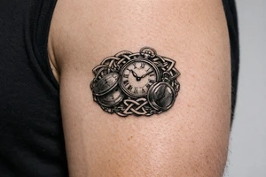 Cluster of open and closed pocket watches entwined with Celtic knotwork, realism style. tattoo idea