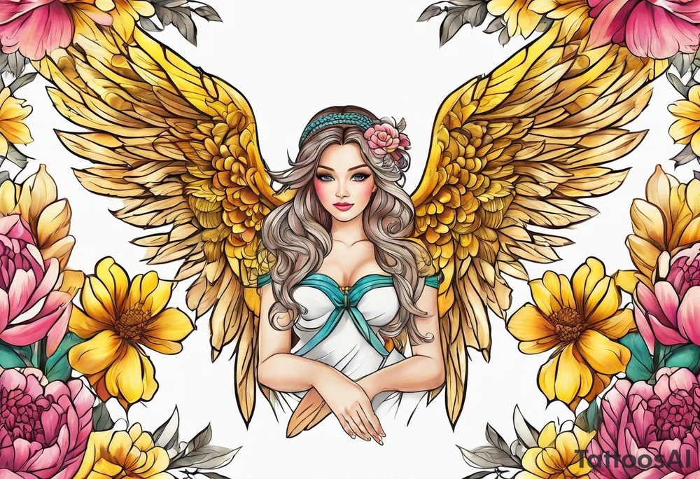 beautiful golden yellow angel wings with colorful peonies. beautiful flilligree in the background , full color tattoo idea