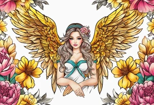 beautiful golden yellow angel wings with colorful peonies. beautiful flilligree in the background , full color tattoo idea