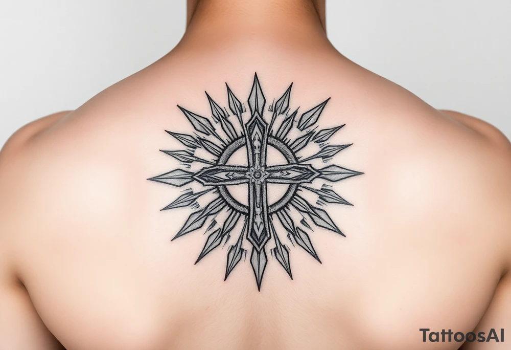 Exotic cross inside a solar circle tattoo idea