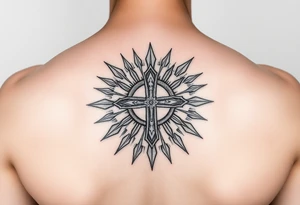 Exotic cross inside a solar circle tattoo idea
