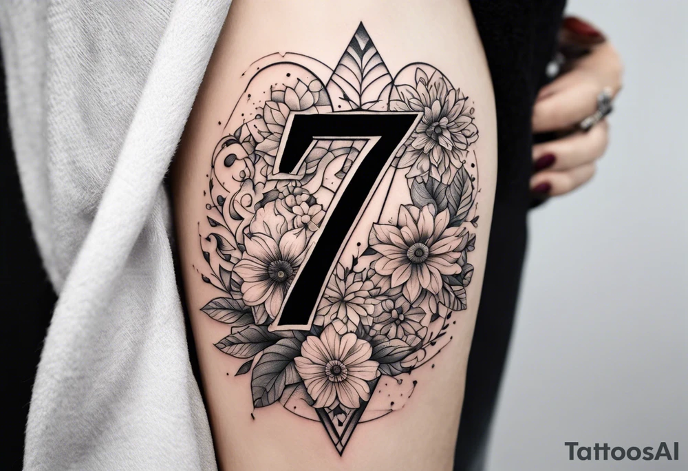 a tattoo in the shape of the number 7 which include the month December and the year 2024 as well as flower for the month of july and september in it tattoo idea