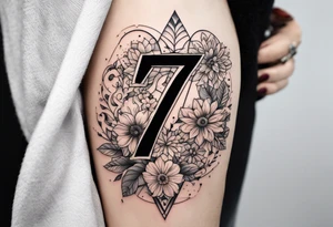 a tattoo in the shape of the number 7 which include the month December and the year 2024 as well as flower for the month of july and september in it tattoo idea