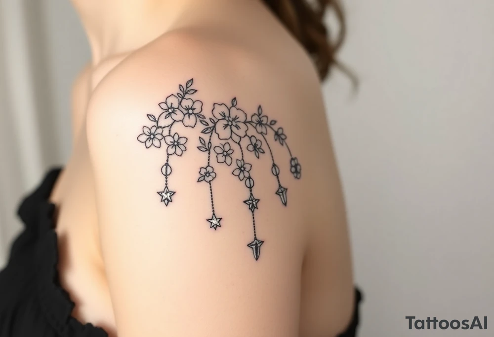 Vintage floral lace and delicate jewelry inspired with draping chains and 5 pointed crystal star charms. Make it cover the entire upper arm/shoulder please tattoo idea