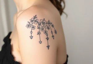 Vintage floral lace and delicate jewelry inspired with draping chains and 5 pointed crystal star charms. Make it cover the entire upper arm/shoulder please tattoo idea