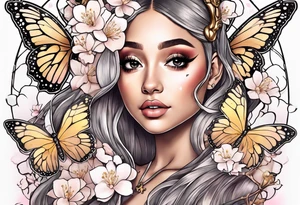 Ariana Grande surrounded in a golden aura with white butterflies and cherry blossoms holding a key that unlocks a heart tattoo idea