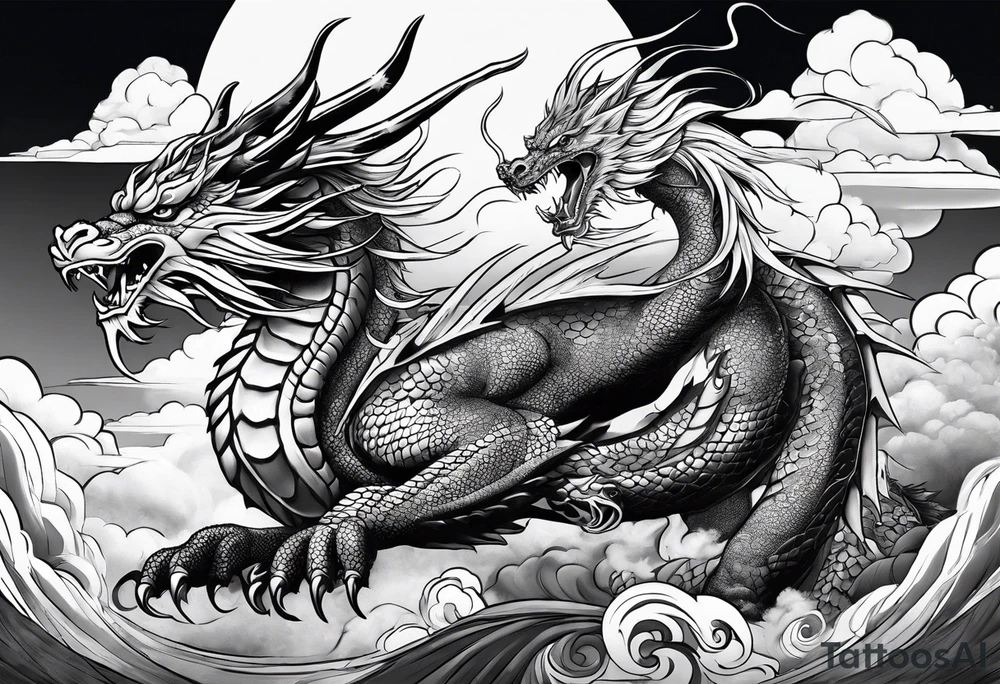 beautiful warrior nymph riding a dragon and the background will be mountains, clouds, and a Japanese building tattoo idea