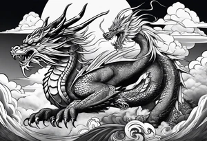 beautiful warrior nymph riding a dragon and the background will be mountains, clouds, and a Japanese building tattoo idea