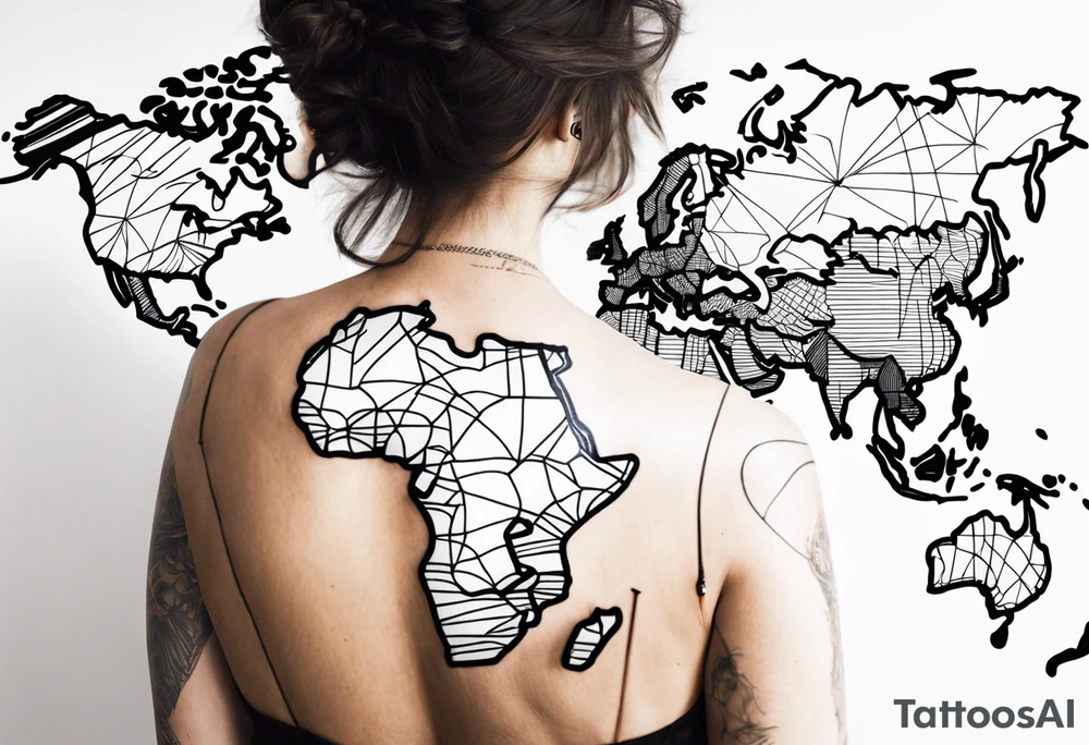 vertical lines with a map of the world tattoo idea