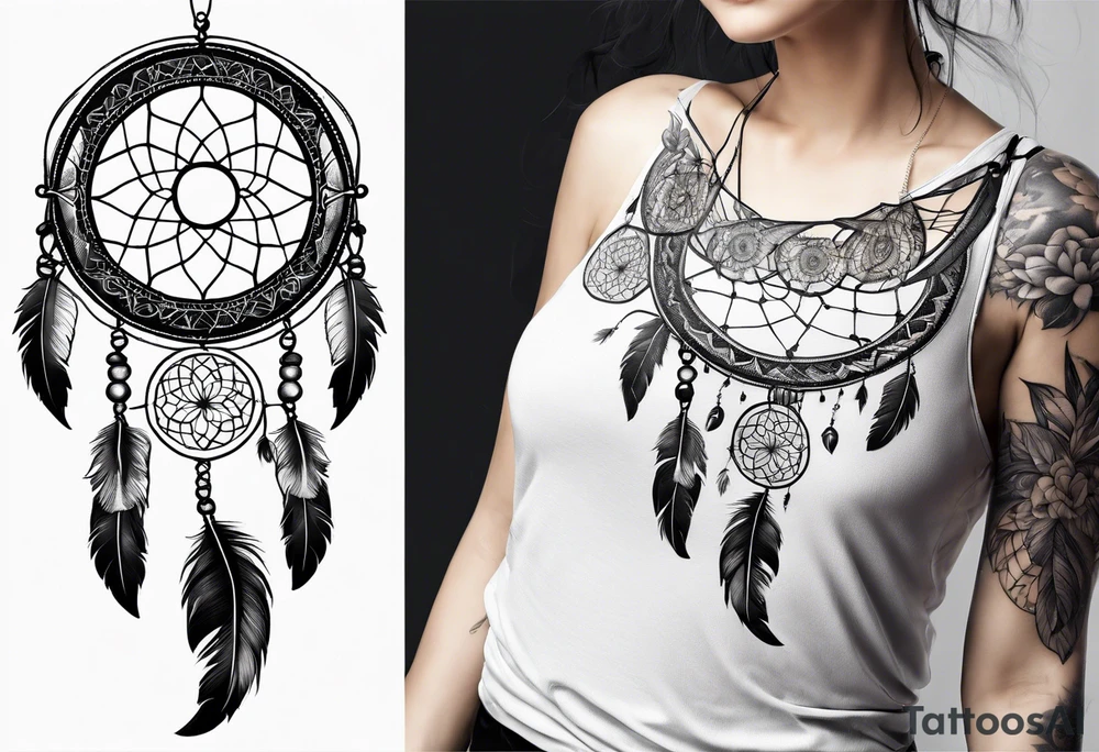 A black and white detailed dream catcher with a lot of shading tattoo idea