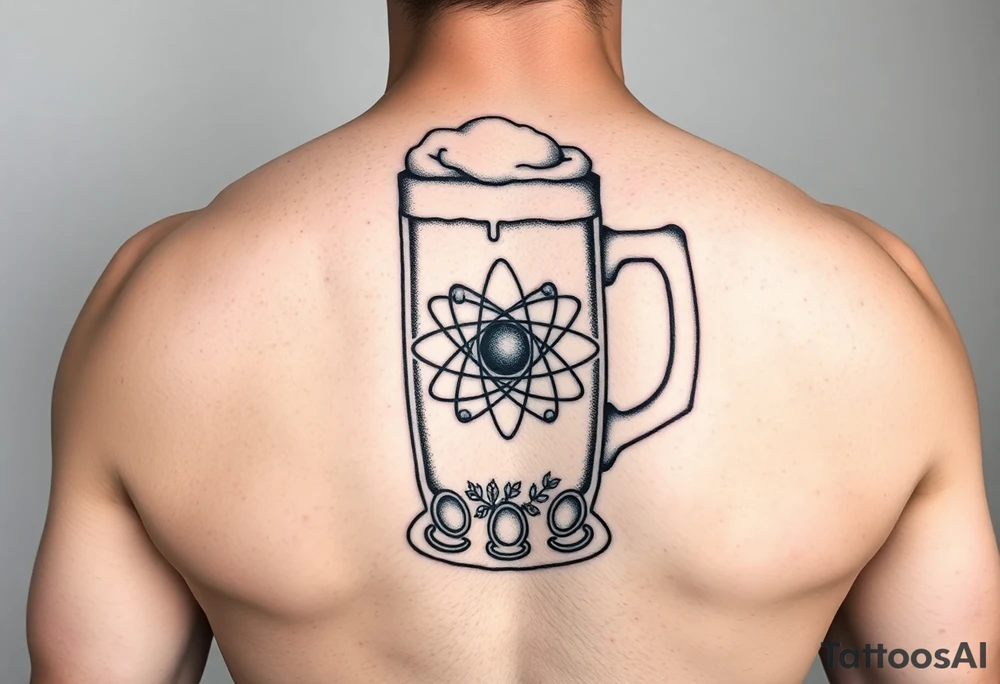 A fine line style German stein in a with an atom in the middle part of the stein and vines around the atom on the stein tattoo idea