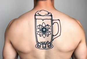 A fine line style German stein in a with an atom in the middle part of the stein and vines around the atom on the stein tattoo idea